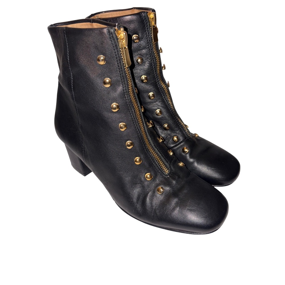 An Hour And A Shower Black Leather Ankle Boots Gold Accents Zipper Closure EU 36